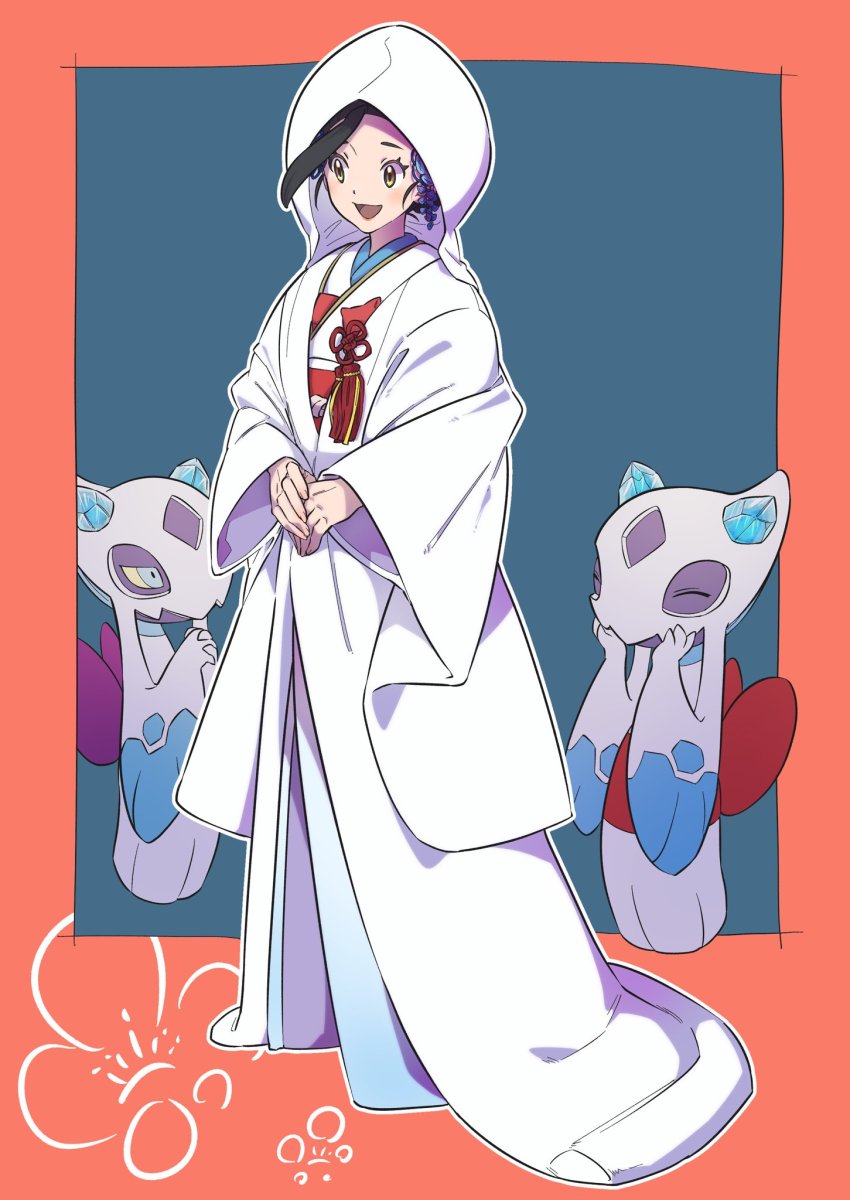 1girl, :d, alternate_costume, alternate_hairstyle, black_hair, blush, border, brown_eyes