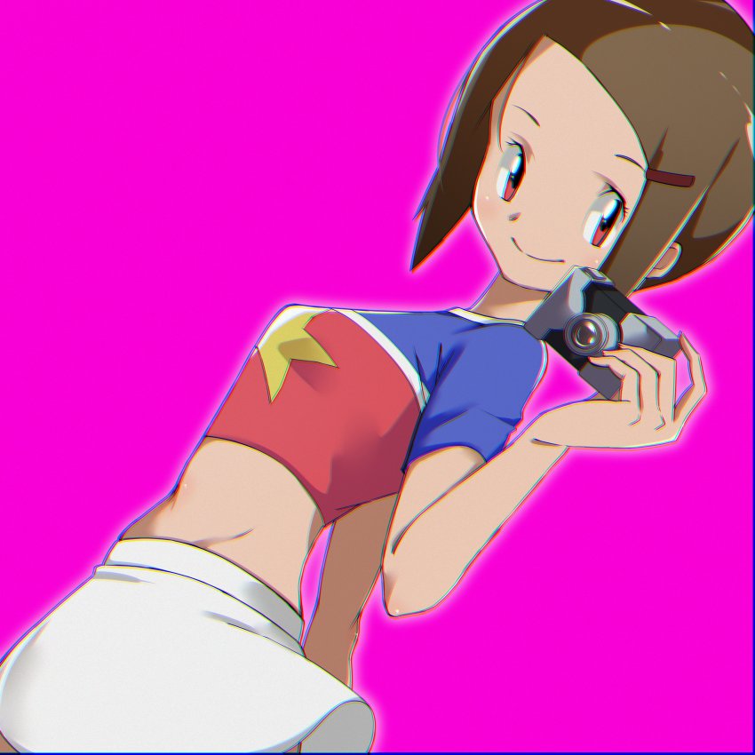 1girl, absurdres, arm_behind_back, breasts, brown_hair, camera, chromatic_aberration, cosplay, crop_top, digimon, digimon_adventure_02, dutch_angle, groin, hair_ornament, hairclip, highres, holding, holding_camera, miniskirt, pakotaroh, pink_background, pink_eyes, short_hair, short_sleeves, simple_background, skirt, small_breasts, smile, solo, split_mouth, star_(symbol), star_print, tachikawa_mimi, tachikawa_mimi_(cosplay), white_skirt, yagami_hikari