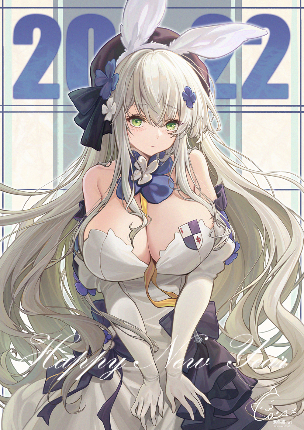 1girl, 2022, animal_ears, bare_shoulders, beret, between_breasts, blush, breasts