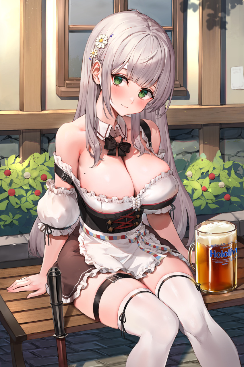 1girl, alcohol, apron, bare_shoulders, beer, beer_mug, bench, blush
