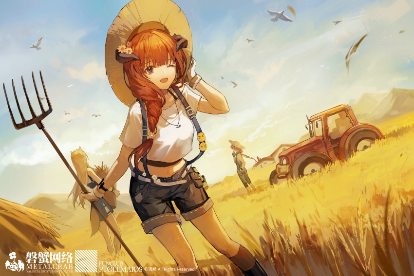 3girls, ;d, absurdres, alternate_costume, animal_ears, arknights, badge, bagpipe_(arknights)