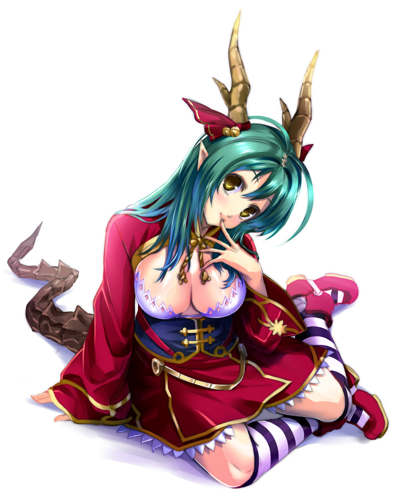 1girl, bell, blush, breasts, cleavage, female_focus, finger_to_mouth, fujimon