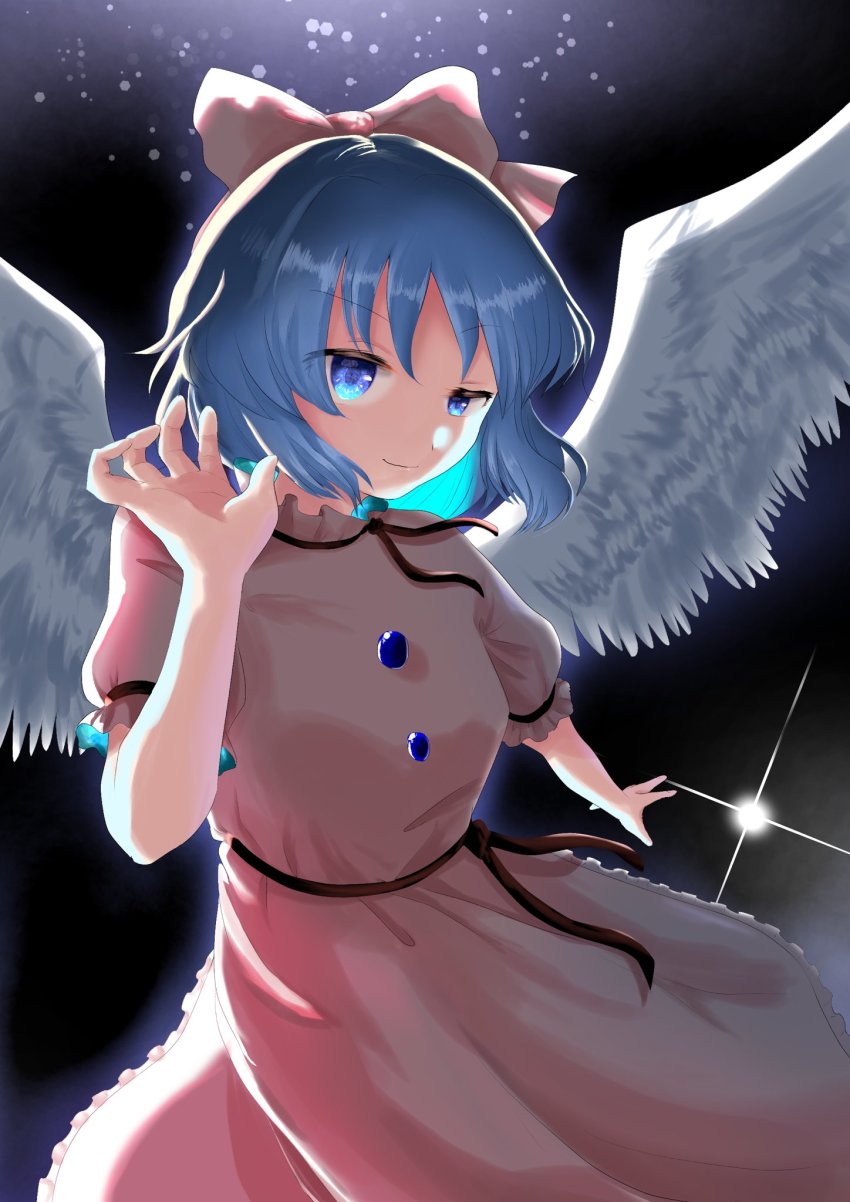 angel, angel_wings, black_ribbon, black_sash, blue_eyes, blue_hair, bow, buttons