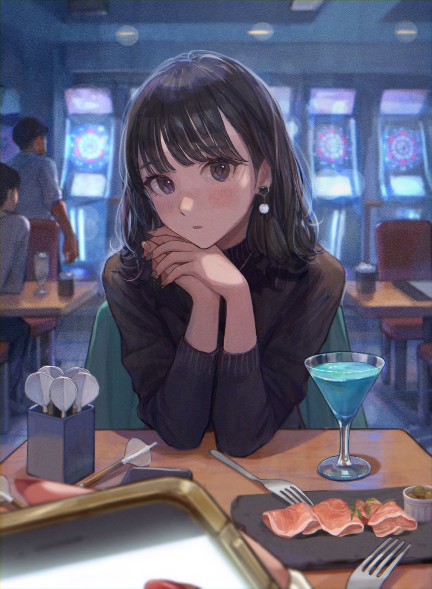 1girl, absurdres, bar_(place), black_hair, blurry, blurry_background, cocktail_glass, cup, dart, dartboard, drinking_glass, earrings, film_grain, ham, highres, indoors, jewelry, long_sleeves, looking_at_viewer, mature_female, nail_polish, original, own_hands_together, prosciutto_(food), utaka_(anyoanyot)
