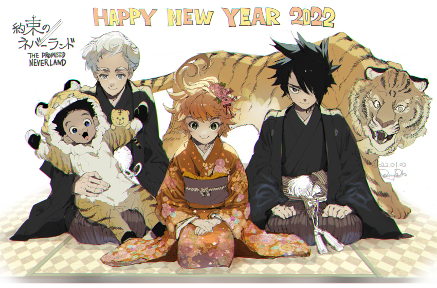 1girl, 2022, 3boys, ahoge, animal_costume, animal_print, black_hair, black_kimono