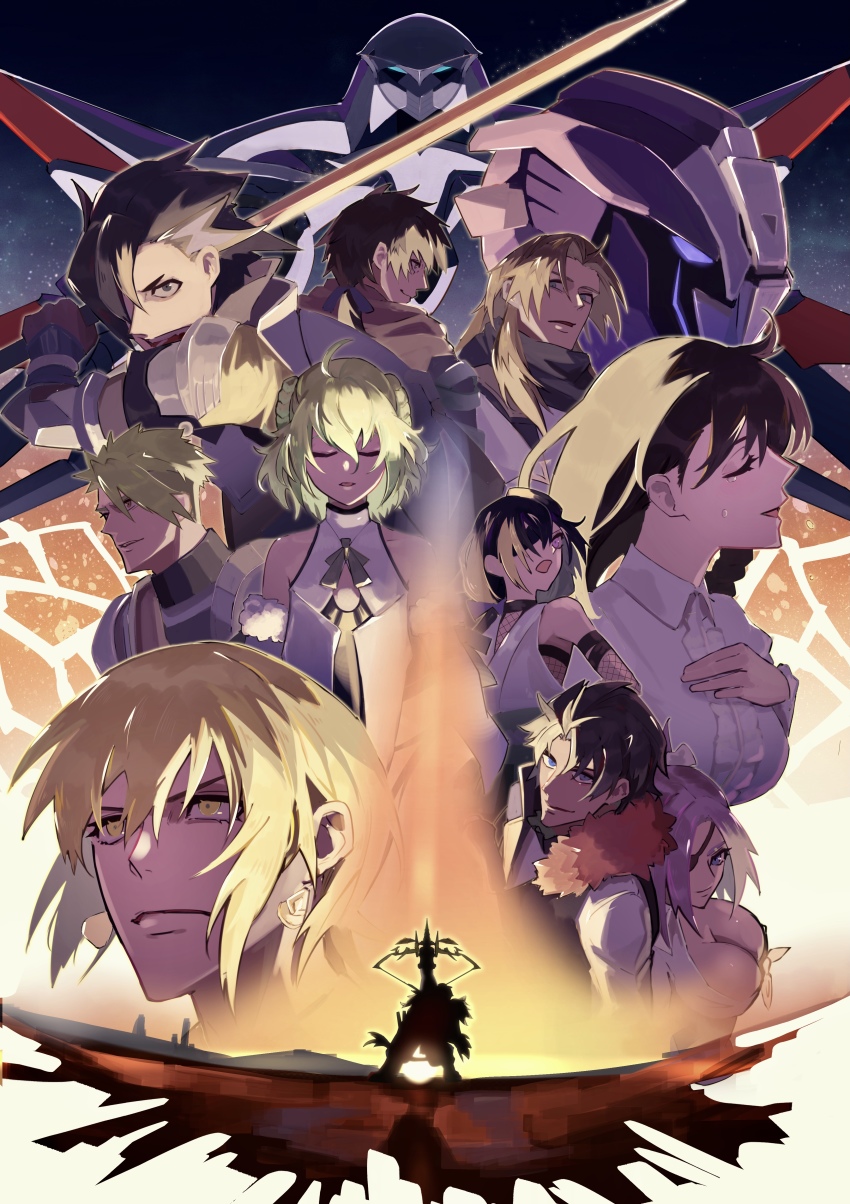 3girls, 6+boys, absurdres, achilles_(fate), ahoge, armor, artemis_(fate), artemis_(machine_god)_(fate)