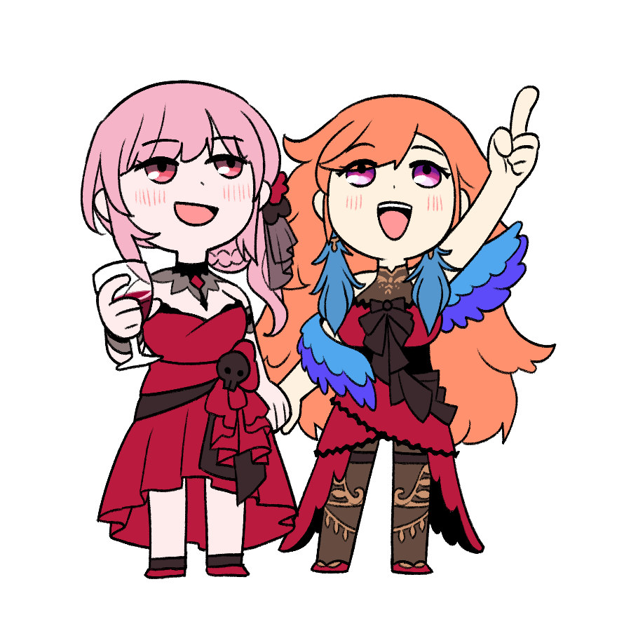 2girls, chen_(somanychens), chibi, couple, dress, earrings, feather_earrings, feathers