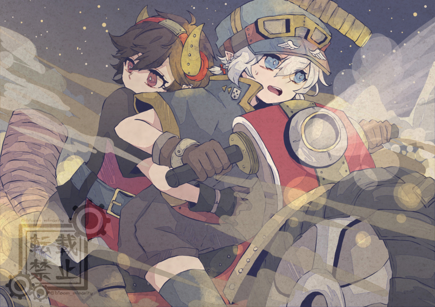 2boys, bloomminority, blue_eyes, brown_hair, clinging, cyberpunk, demon_boy, demon_horns