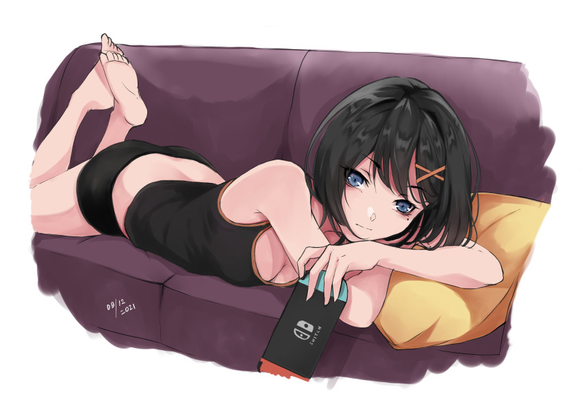 1girl, 2021, absurdres, barefoot, black_hair, black_panties, black_shirt, blue_eyes