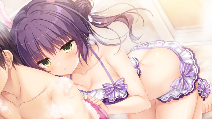1boy, 1girl, barefoot, bathroom, bikini, blush, breast_press, breasts, cleavage, collarbone, drapri_guu-ta-life_2, floating_hair, game_cg, green_eyes, hair_between_eyes, hair_bun, head_out_of_frame, highres, indoors, kneeling, large_breasts, leaning_forward, long_hair, mixed-sex_bathing, parted_lips, purple_bikini, purple_hair, sango_(drapri_guu-ta-life), shared_bathing, single_hair_bun, solo_focus, swimsuit, takano_yuki_(allegro_mistic), twintails, washing_back
