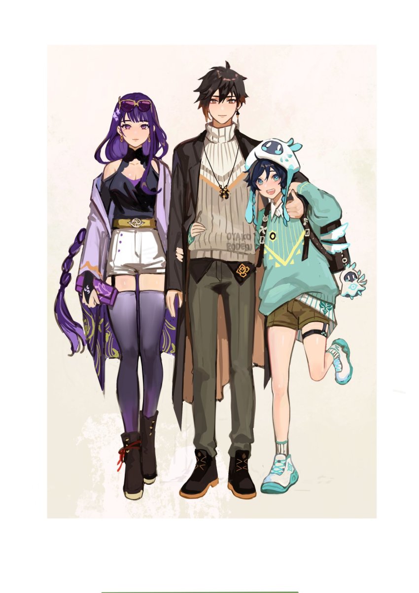 1girl, 2boys, alternate_costume, artist_name, bag, bag_charm, barbatos_(genshin_impact), belt