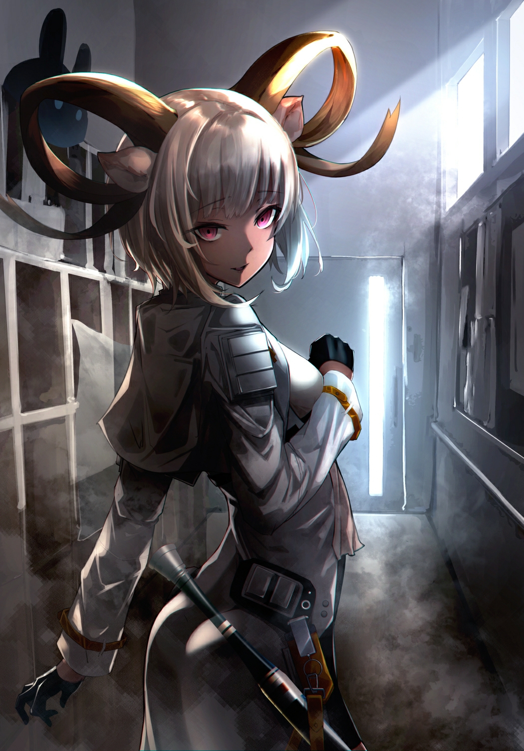 1girl, animal_ears, arknights, black_gloves, black_skirt, carnelian_(arknights), coat, dark-skinned_female