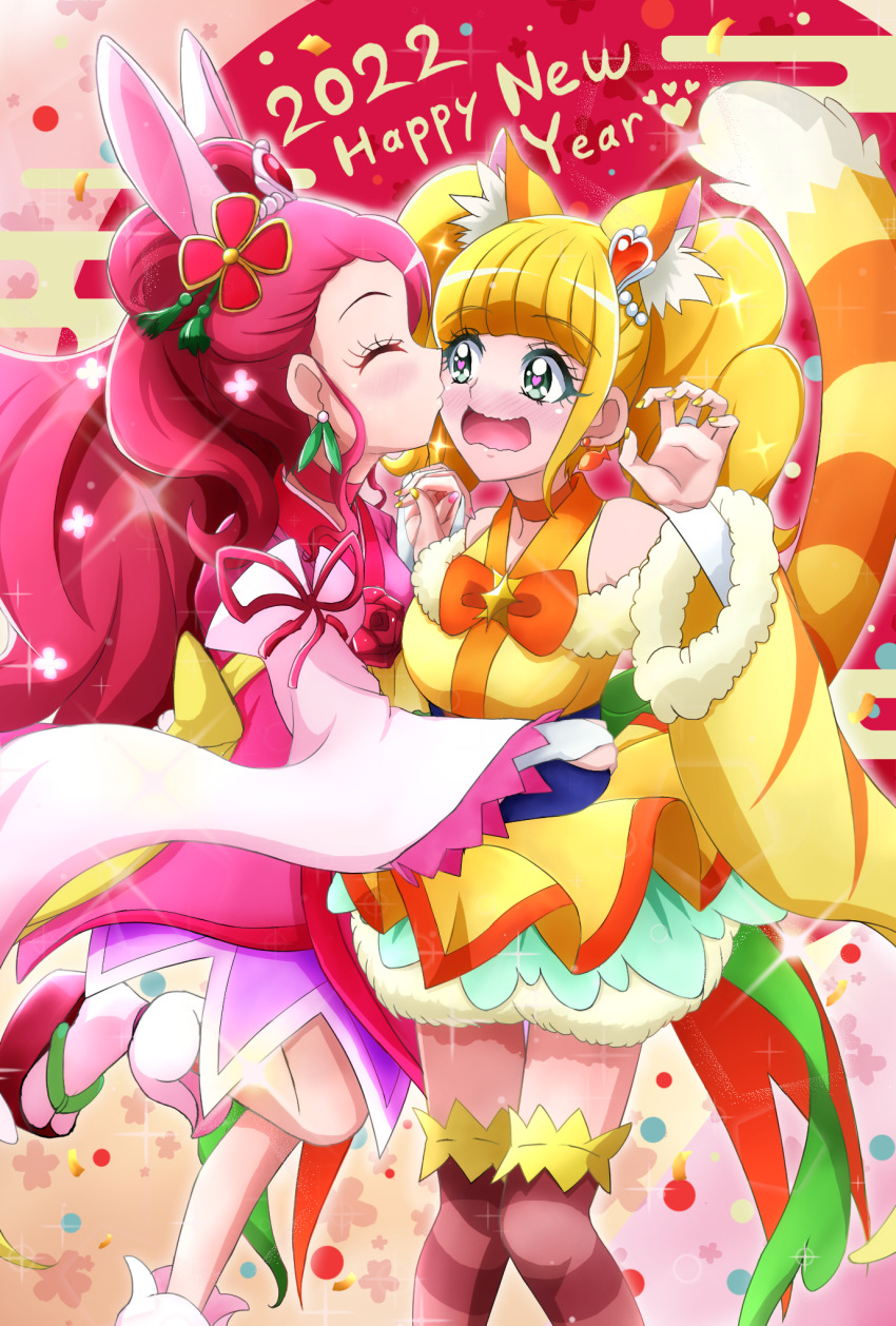 2022, 2girls, adapted_costume, animal_ears, bare_legs, breasts, brown_thighhighs, choker