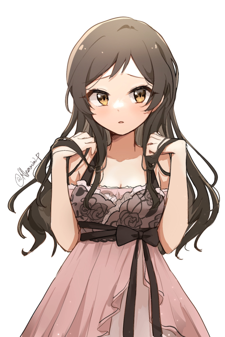 1girl, :o, black_hair, dress, floral_print, hand_in_own_hair, highres, idolmaster, idolmaster_million_live!, idolmaster_million_live!_theater_days, kitazawa_shiho, long_hair, looking_at_viewer, nnnn, off-shoulder_dress, off_shoulder, sexy_beautiful_(idolmaster), simple_background, solo, straight_hair, white_background, yellow_eyes