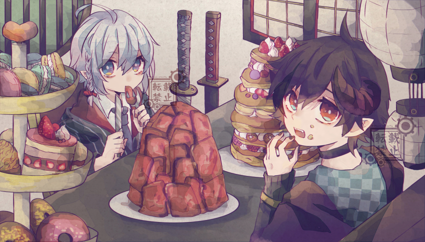 2boys, black_hair, bloomminority, blouse, blue_eyes, braid, candy, checkered_clothes