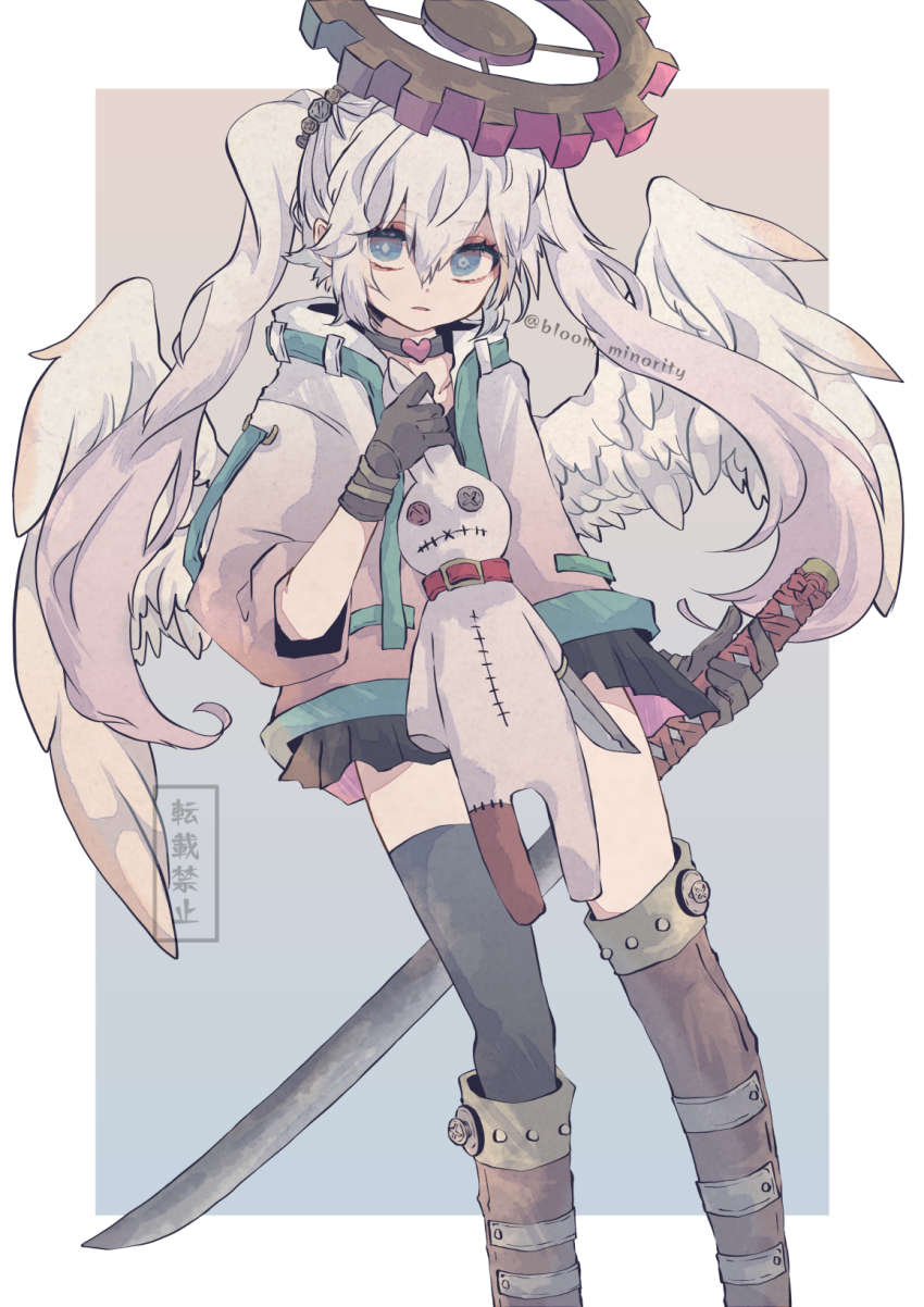 1girl, angel, angel_wings, bloomminority, blue_eyes, cyberpunk, fantasy, halo