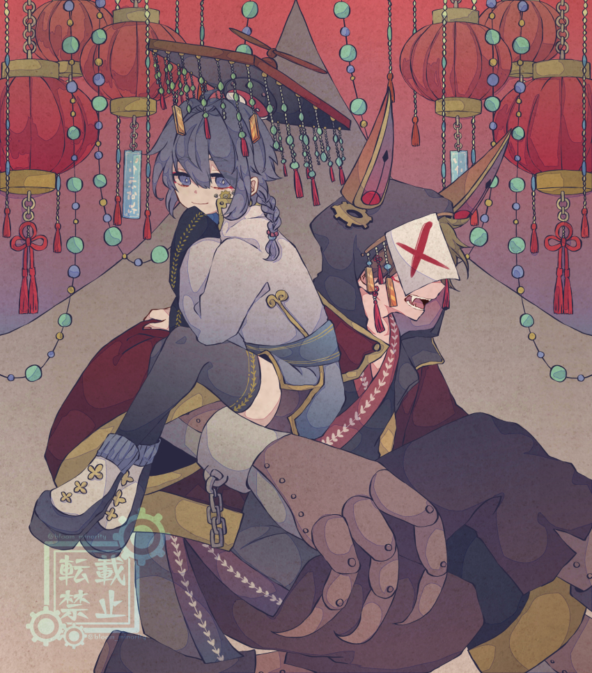 2boys, animal_ears, blonde_hair, bloomminority, blue_eyes, blue_hair, braid, broken_handcuffs