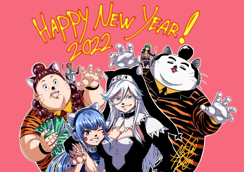 1boy, 2022, 5girls, absurdres, blue_eyes, blue_hair, breasts, cleavage, couchpo, eden's_zero, green_eyes, green_hair, happy_new_year, hermit_mio, highres, large_breasts, long_hair, mosco_versa-0, multiple_girls, new_year, silver_hair, sister_ivry, smile, valkyrie_yuna, witch_regret