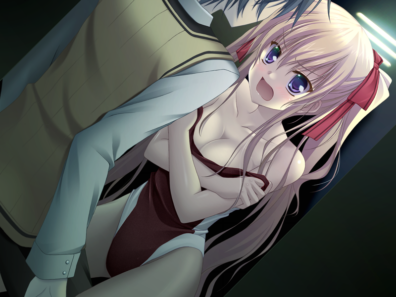 1girl, blonde_hair, blush, breasts, cleavage, clothes_pull, competition_swimsuit, dutch_angle