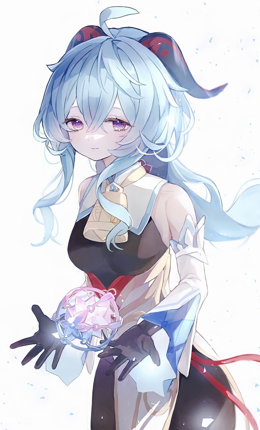 absurdres, ahoge, bad_id, bad_twitter_id, bare_shoulders, bell, black_gloves, blue_hair