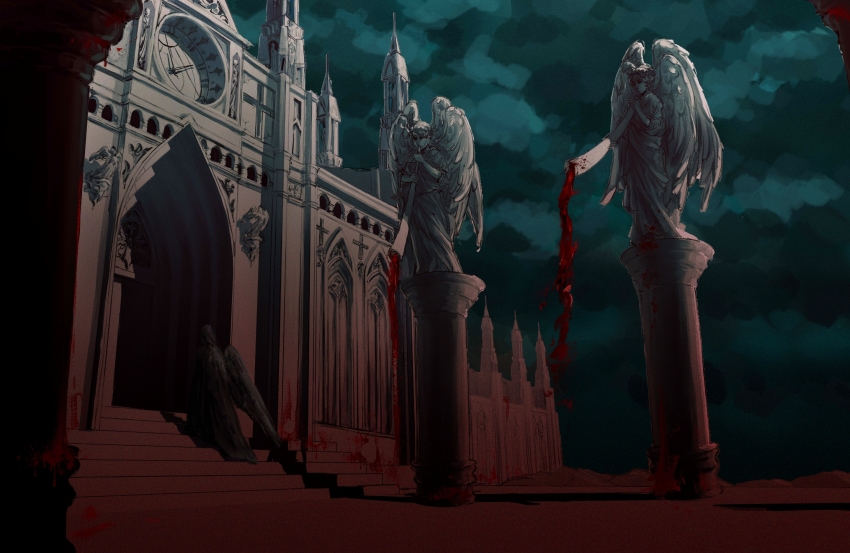 1boy, angel, angel_wings, black_cloak, black_robe, black_wings, blood, blood_splatter