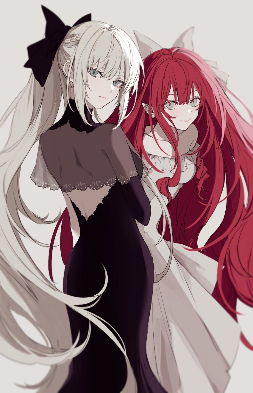 2boys, baobhan_sith_(fate), black_dress, bow, breasts, commentary_request, dress, fate/grand_order