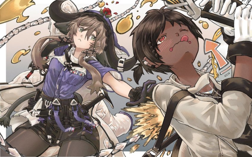 1boy, 1girl, arknights, black_hair, blush, brown_hair, commentary, cow_girl