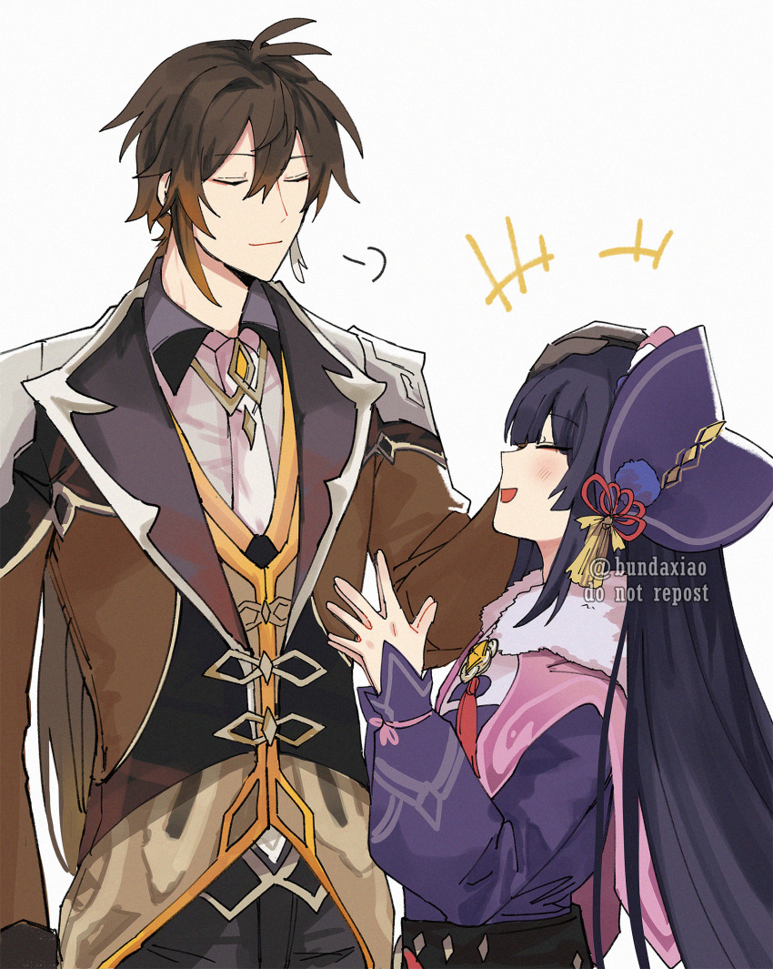 1boy, 1girl, black_corset, black_gloves, black_hair, blunt_bangs, blush, bonnet, brown_hair, bundaxiao, capelet, chinese_clothes, closed_eyes, collared_shirt, commentary, corset, dress, earrings, eyeliner, eyeshadow, formal_clothes, fur_collar, genshin_impact, gloves, gradient_hair, hair_between_eyes, hair_ornament, hand_on_another's_head, hands_up, hat, highres, jacket, jewelry, lolita_fashion, long_hair, long_sleeves, makeup, multicolored_hair, multicolored_headwear, necktie, open_mouth, orange_hair, own_hands_together, pants, pink_capelet, ponytail, purple_hair, purple_headwear, qi_lolita, red_eyes, red_eyeshadow, shirt, sidelocks, single_earring, smile, suit, tassel, tassel_earrings, twitter_username, upper_body, very_long_hair, vest, vision_(genshin_impact), white_background, yun_jin_(genshin_impact), zhongli_(genshin_impact)