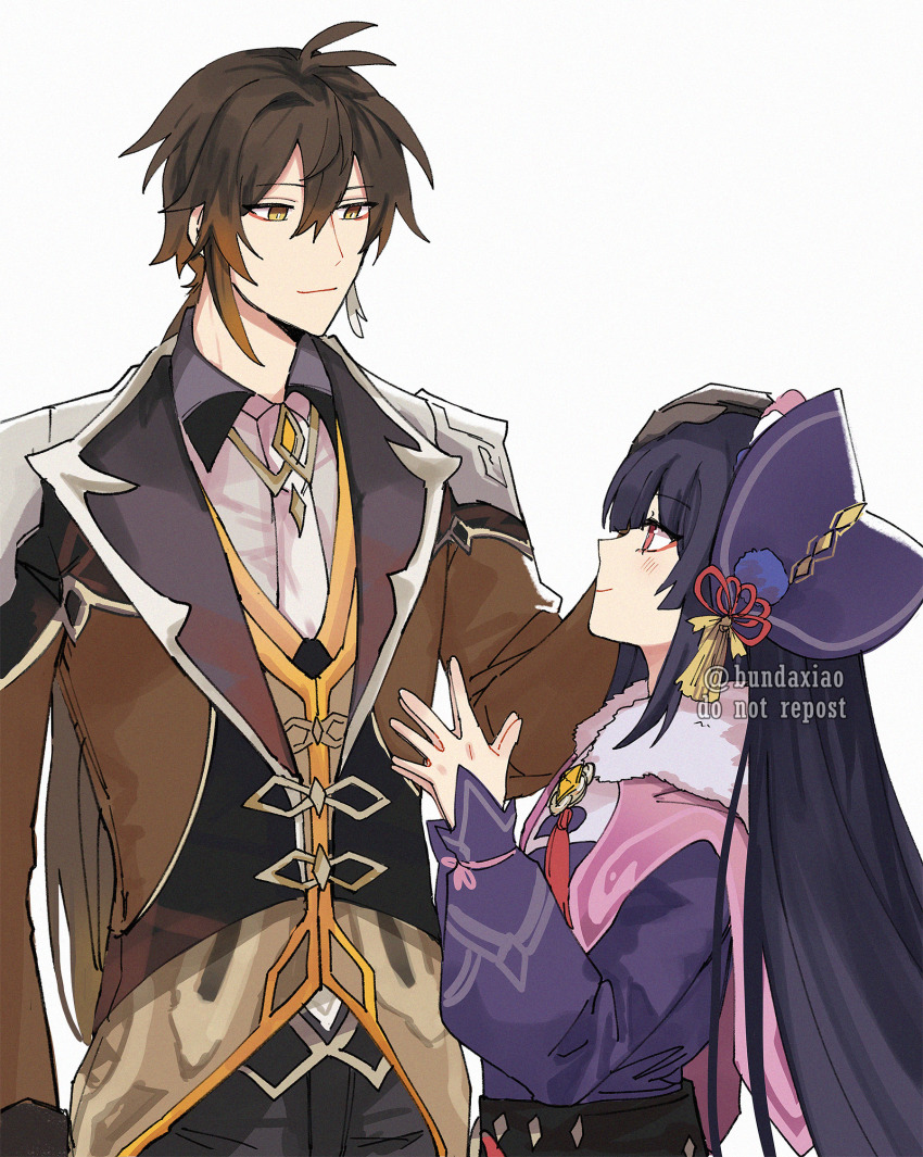 1boy, 1girl, black_corset, black_gloves, black_hair, blunt_bangs, blush, bonnet, brown_hair, bundaxiao, capelet, chinese_clothes, collared_shirt, commentary, corset, dress, earrings, eyeliner, eyeshadow, formal_clothes, fur_collar, genshin_impact, gloves, gradient_hair, hair_between_eyes, hair_ornament, hand_on_another's_head, hands_up, hat, highres, jacket, jewelry, lolita_fashion, long_hair, long_sleeves, makeup, multicolored_hair, multicolored_headwear, necktie, orange_hair, own_hands_together, pants, pink_capelet, ponytail, purple_hair, purple_headwear, qi_lolita, red_eyes, red_eyeshadow, shirt, sidelocks, single_earring, smile, suit, tassel, tassel_earrings, twitter_username, upper_body, very_long_hair, vest, vision_(genshin_impact), white_background, yellow_eyes, yun_jin_(genshin_impact), zhongli_(genshin_impact)