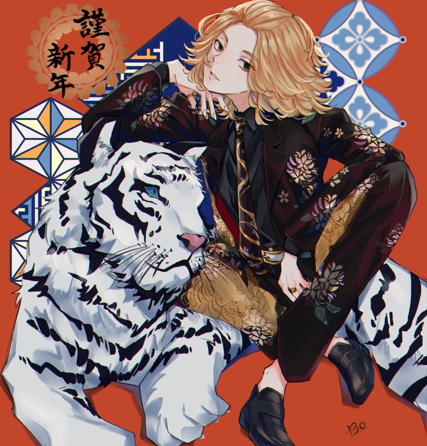 1boy, animal, black_eyes, black_jacket, black_necktie, black_pants, black_shirt, black_shoes