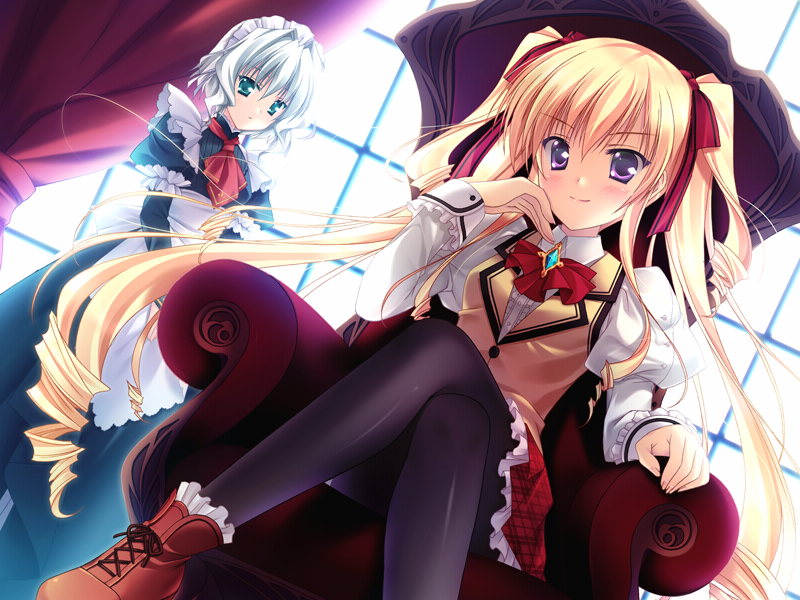 2girls, blonde_hair, chair, head_rest, cross-laced_footwear, curtains, drill_hair, game_cg
