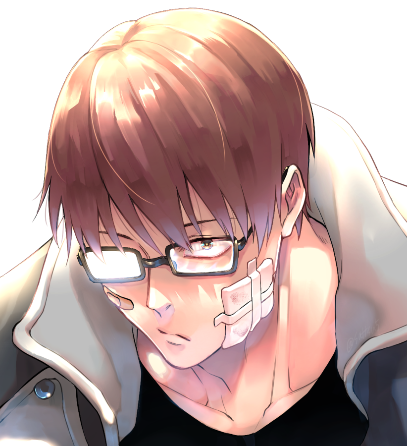 1boy, bandage_on_face, bandages, bandaid, black_shirt, brown_hair, close-up, en'en_no_shouboutai