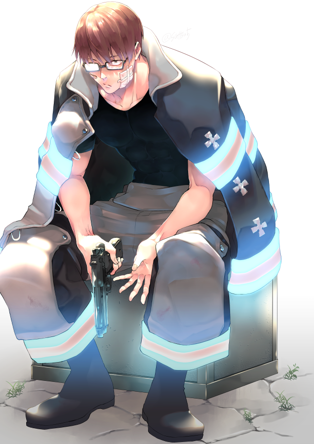 1boy, bandage_on_face, bandages, bandaid, beretta_92, black_shirt, brown_hair, cross