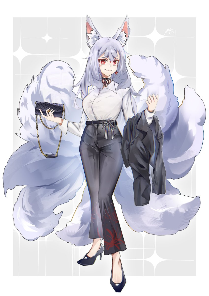 1girl, absurdres, animal_ears, bag, black_coat, black_footwear, black_pants, breasts