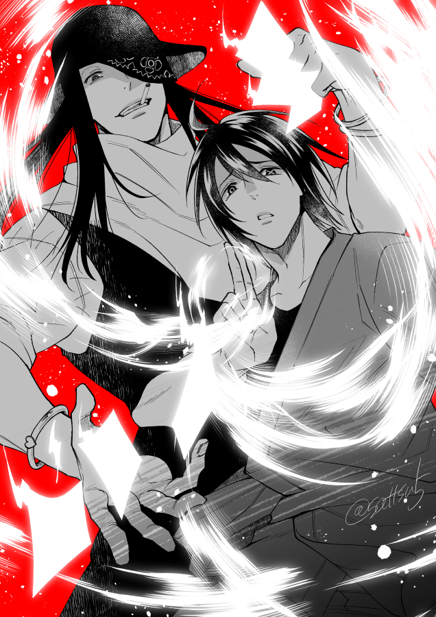 2boys, bandana, bangle, bracelet, card, cigarette, clenched_hand, command_input