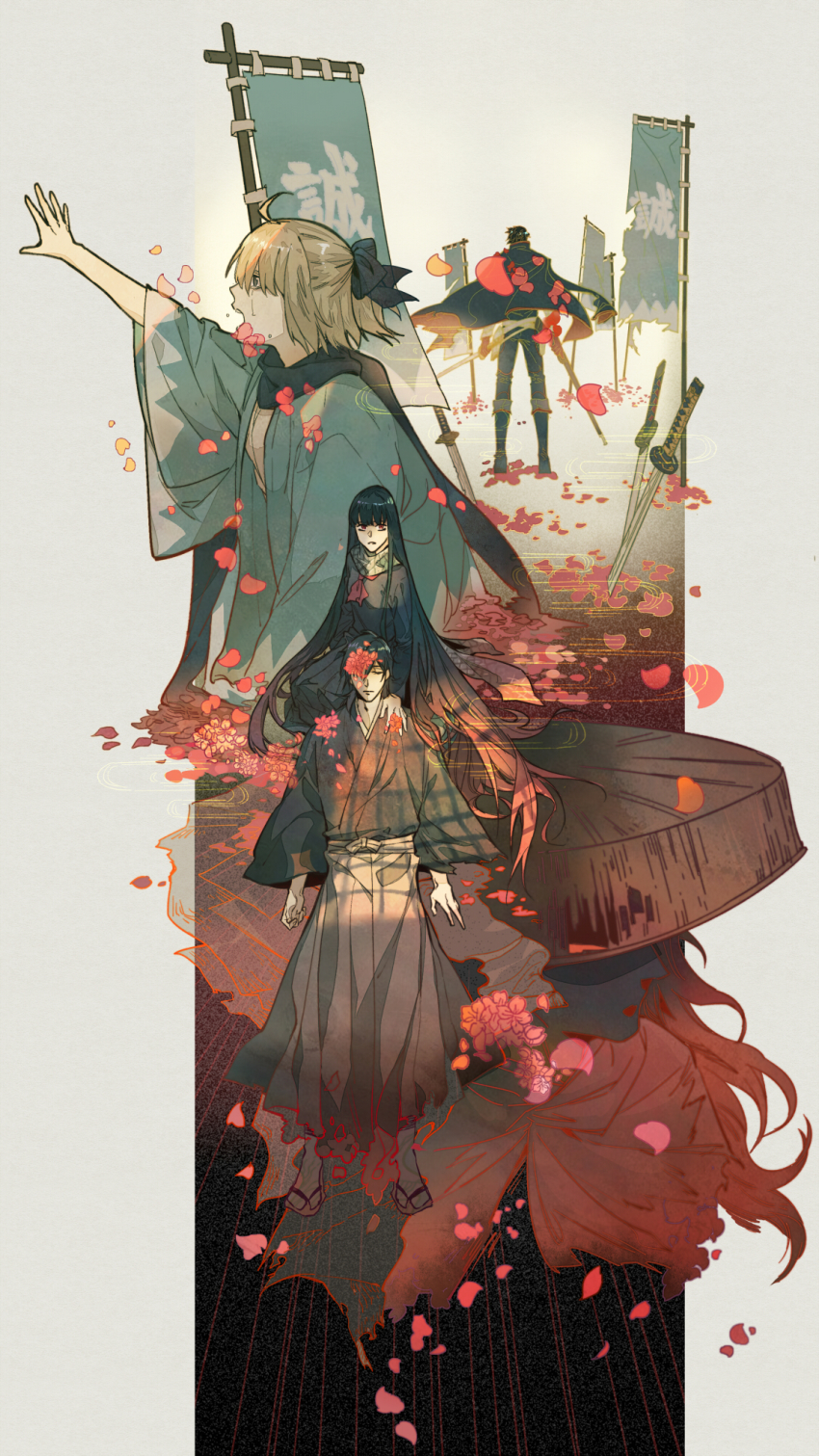 2girls, 3boys, banner, black_hair, black_scarf, fate/grand_order, fate/type_redline, fate_(series)