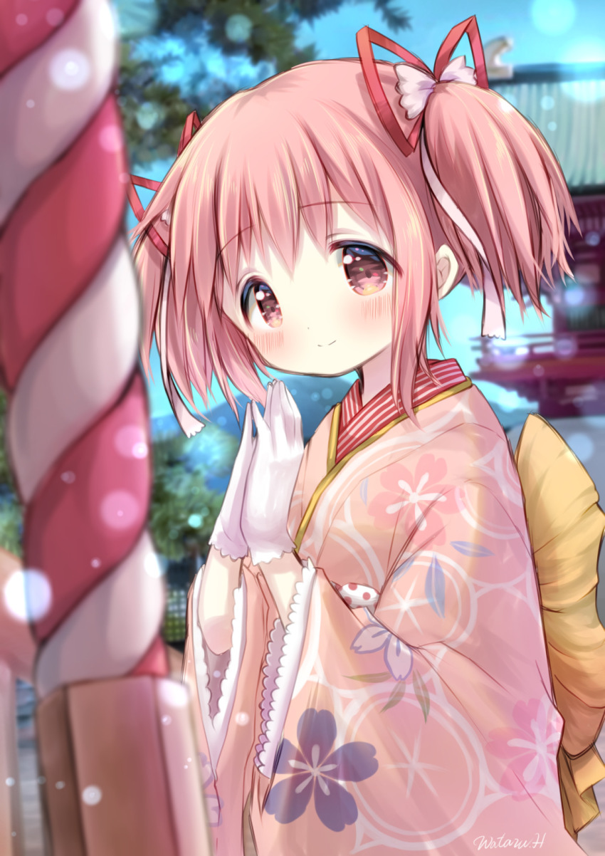 1girl, alternate_costume, architecture, blush, bow, east_asian_architecture, gloves, hair_bow