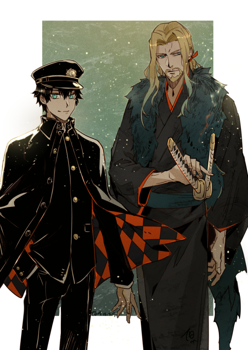 2boys, beard, blonde_hair, blue_eyes, cape, facial_hair, fate/apocrypha, fate/grand_order