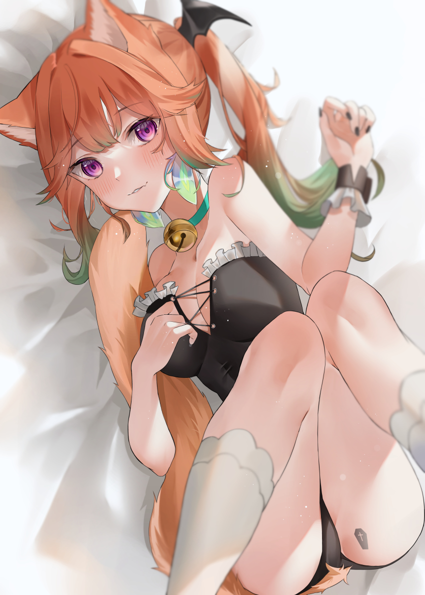 1girl, absurdres, animal_ears, awaki224, bell, black_nails, blush, breasts