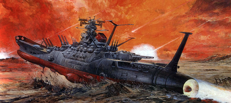 1970s_(style), bomb, desert, epic, explosive, meteor, meteor_bomb, no_humans, official_art, oldschool, realistic, retro_artstyle, ruins, science_fiction, spacecraft, takani_yoshiyuki, uchuu_senkan_yamato, yamato_(spaceship), yamato_(uchuu_senkan_yamato)