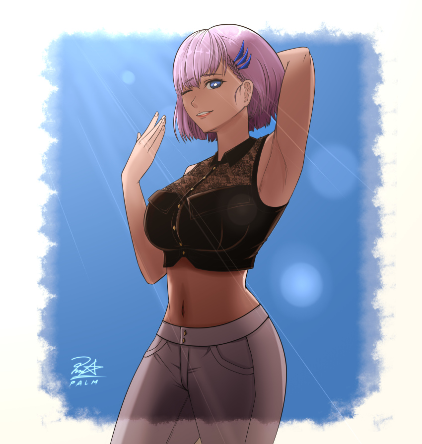 1girl, absurdres, arm_behind_head, arm_up, armpits, black_shirt, blouse, blue_eyes