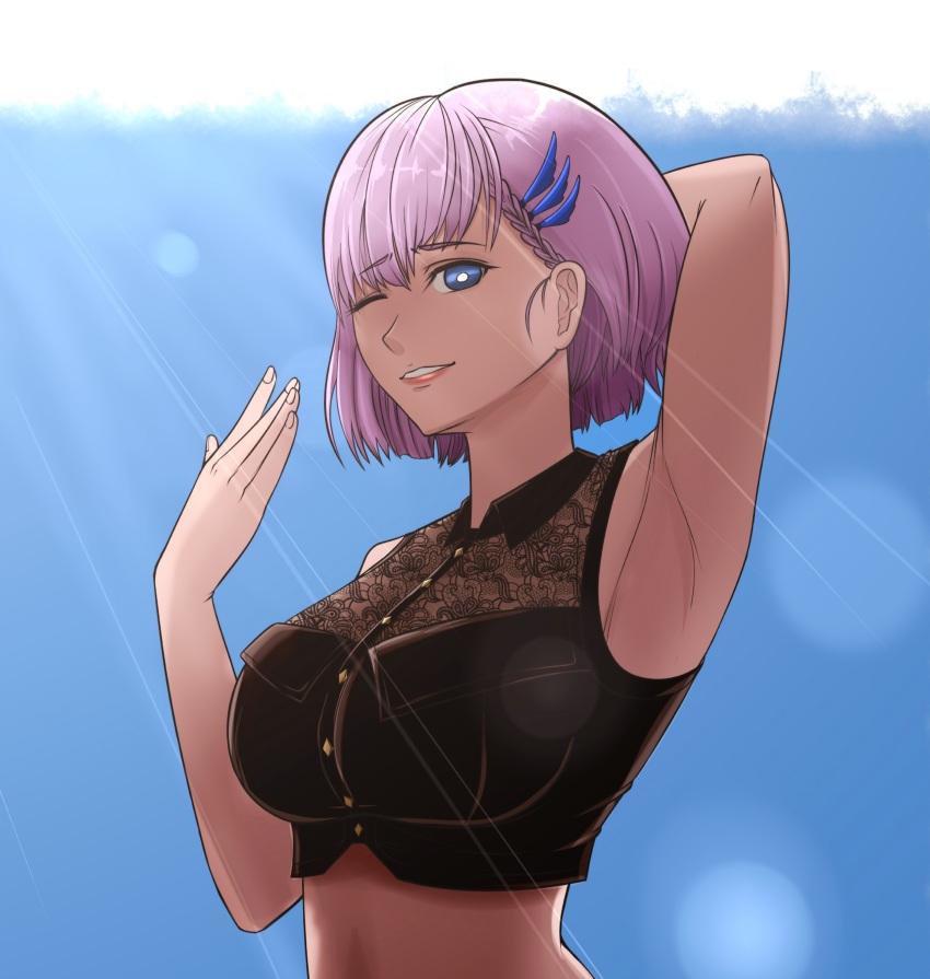 1girl, absurdres, arm_behind_head, arm_up, armpits, black_shirt, blouse, blue_eyes