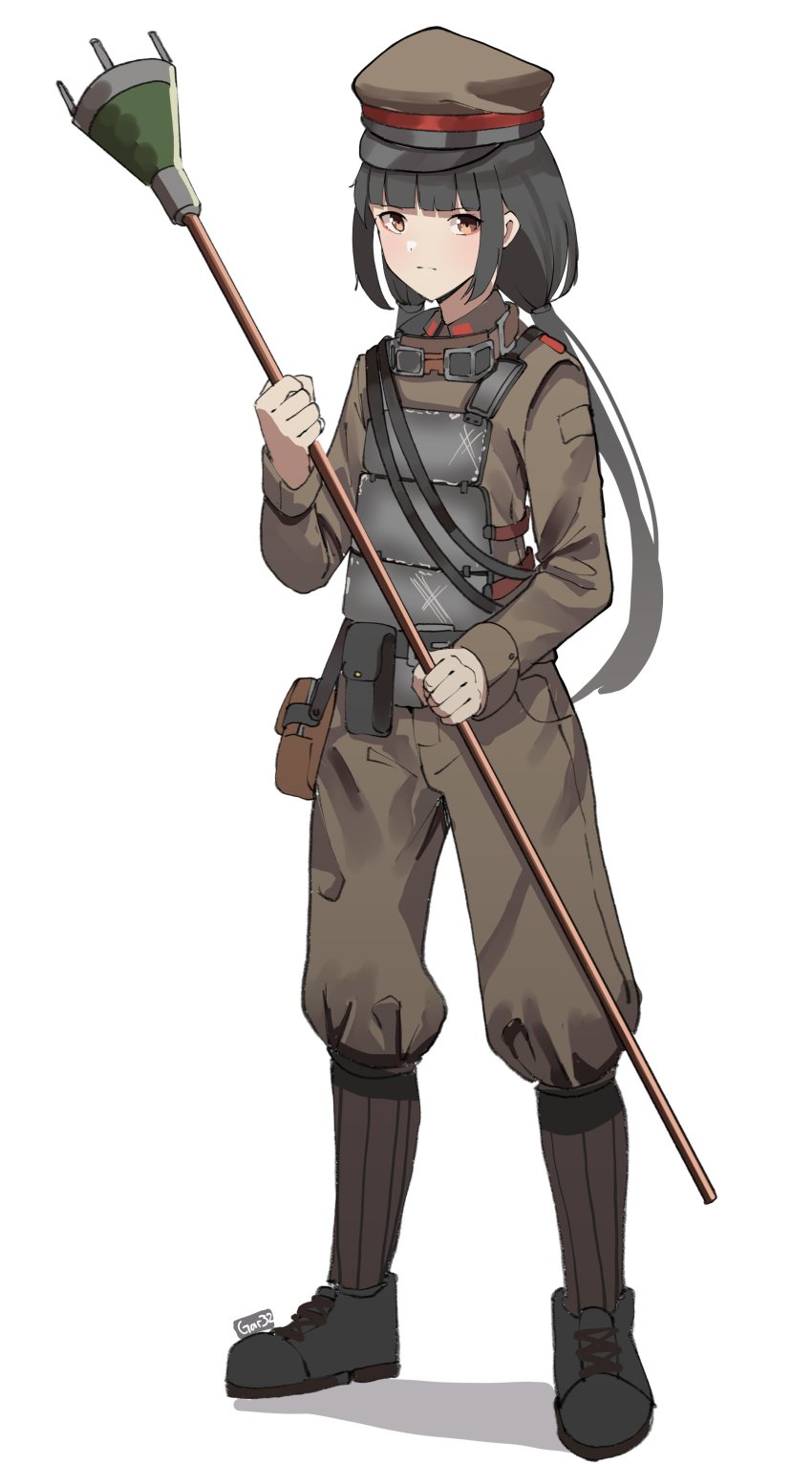 1girl, absurdres, armor, belt, belt_pouch, black_boots, black_hair, boots