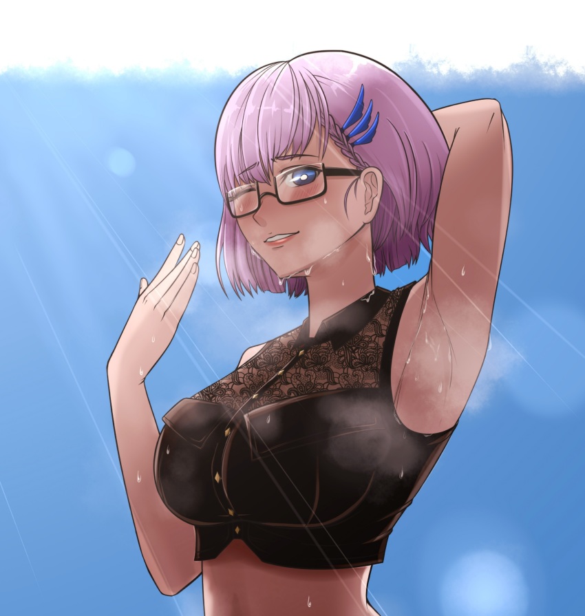1girl, absurdres, arm_behind_head, arm_up, armpits, black_shirt, blouse, blue_eyes, blue_sky, blush, border, braid, buttons, collared_shirt, crop_top, fanning, fanning_face, glasses, glint, hair_ornament, hairclip, highres, hololive, hololive_indonesia, holoro, hot, lips, midriff, one_eye_closed, p.a.l.m, pavolia_reine, pink_hair, shirt, short_hair, single_braid, sky, sleeveless, smile, steam, sunlight, sweat, upper_body, virtual_youtuber, wet, white_border