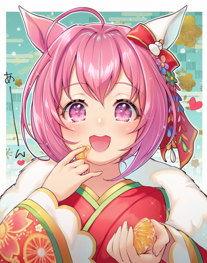 1girl, ahoge, animal_ears, commentary_request, food, fruit, haru_urara_(new_year_new_urara!)_(umamusume), haru_urara_(umamusume)