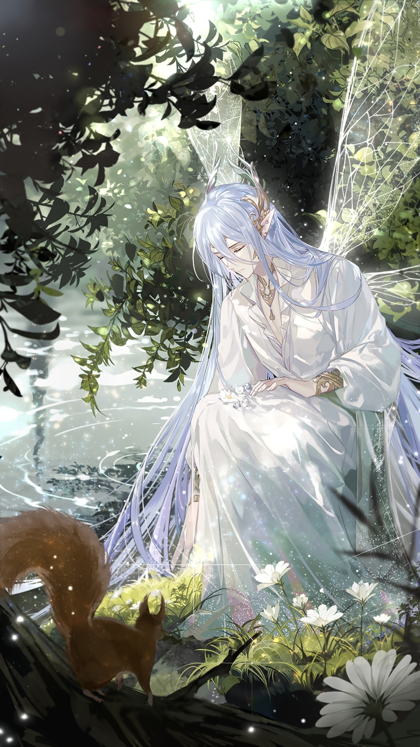 1boy, bracelet, cael_anselm, cael_anselm_(midnight_epilogue), circlet, closed_eyes, daisy_(flower), diffraction_spikes, dress, earrings, fairy, fairy_wings, flower, frilled_dress, frills, glint, grey_hair, highres, jewelry, leaf, light_particles, long_hair, long_sleeves, lovebrush_chronicles, male_focus, necklace, outdoors, pointy_ears, ripples, solo, sparkle, squirrel, transparent_wings, very_long_hair, water, waves, white_dress, white_flower, white_hair, wings, zhenzhibang149