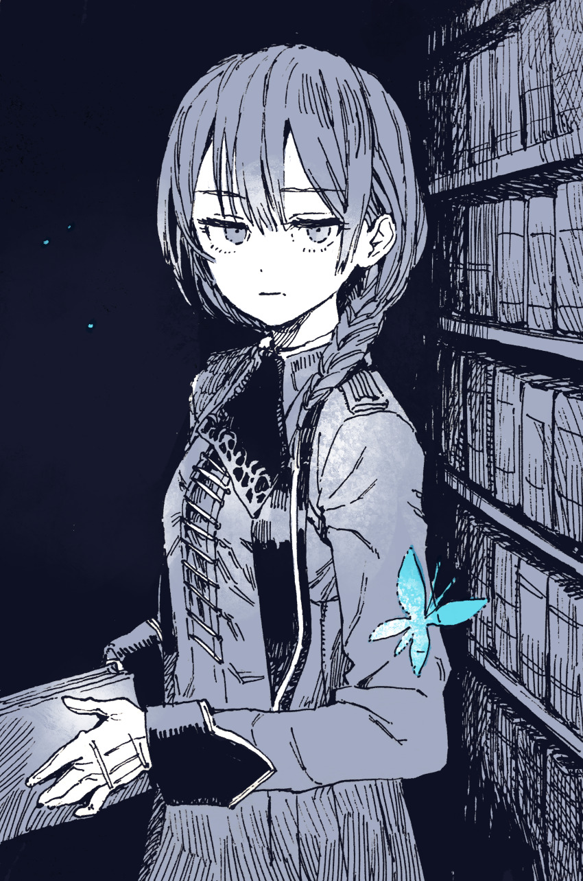 1girl, absurdres, alter_ego_(game), blue_butterfly, blue_theme, book, bookshelf, braid
