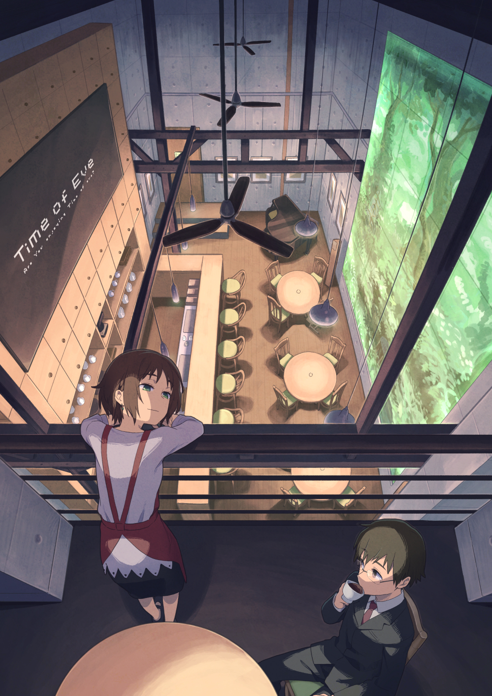 1boy, 1girl, against_railing, apron, black_jacket, black_pants, black_skirt, brown_eyes, brown_hair, cafe, ceiling_fan, ceiling_light, chair, closed_mouth, collared_shirt, commentary_request, cup, eve_no_jikan, formal_clothes, from_above, glasses, green_eyes, highres, holding, holding_cup, indoors, jacket, light_smile, muji_(uimss), nagi_(eve_no_jikan), necktie, pants, railing, red_apron, red_necktie, sakisaka_rikuo, shirt, short_hair, sitting, skirt, suit, suit_jacket, table, teacup, white_shirt