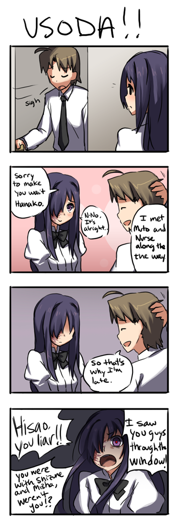 1boy, 1girl, 4koma, comic, english_text, higurashi_no_naku_koro_ni, ikezawa_hanako, katawa_shoujo, left-to-right_manga, nakai_hisao, parody, uso_da, weee_(raemz), yandere