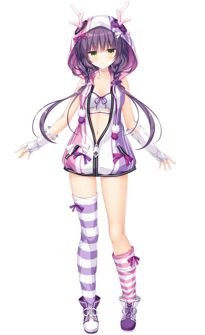 1girl, absurdres, asymmetrical_footwear, asymmetrical_legwear, boots, bra, braid, breasts